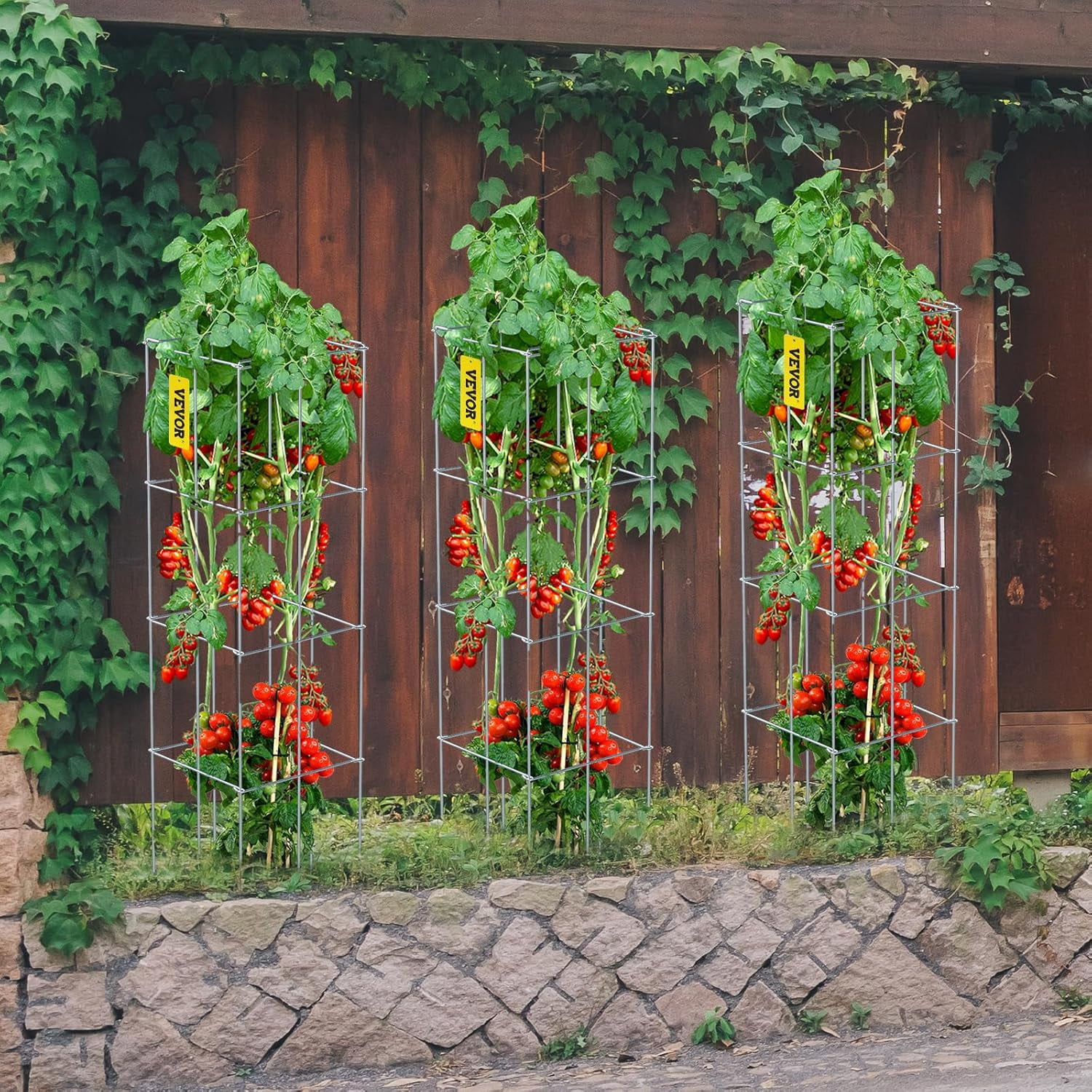 WLTER Tomato Cages, 11.8" x 11.8" x 46.1", 5 Packs Square Plant Support Cages, Silver PVC-Coated Steel Tomato Towers for Climbing Vegetables, Plants, Flowers, Fruits