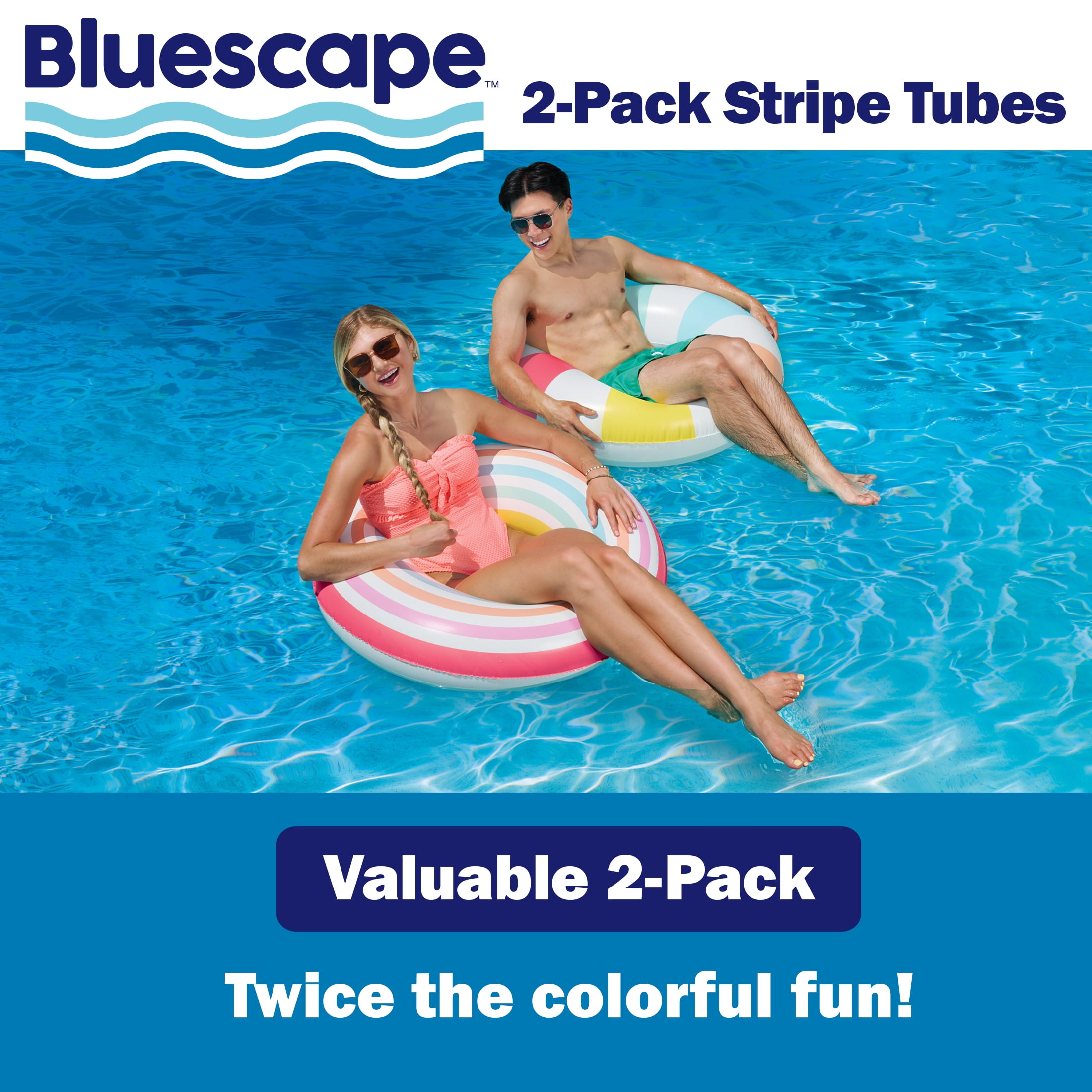 Bluescape Inflatable Stripe Swim Tube Pool Float 2-Pack, Multicolor Stripes, Age 9+