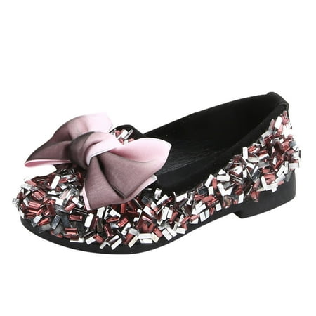 

Toddler Baby Girls Spring and Autumn Small Leather Shoes Fashion Bowknot Rhinestone Sequins Soft Soled Bean Shoes Children Girls Casual Single Shoes