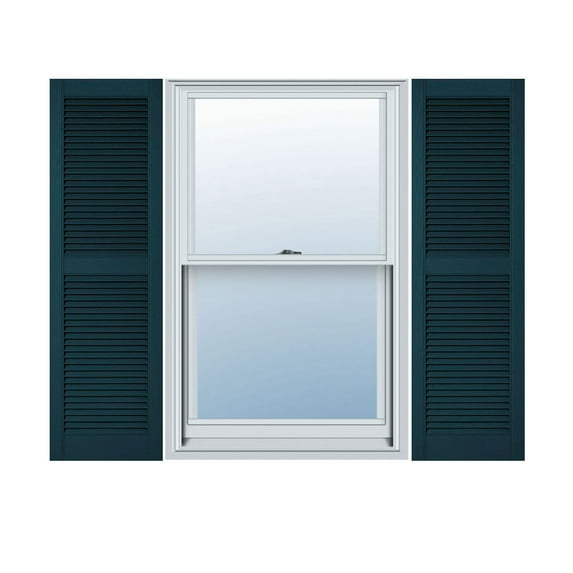 12"W x 67"H Lifetime Vinyl, Custom Straight Top Center Mullion, Open Louver Shutters, w/Shutter-Loks (Per Pair), Midnight Blue