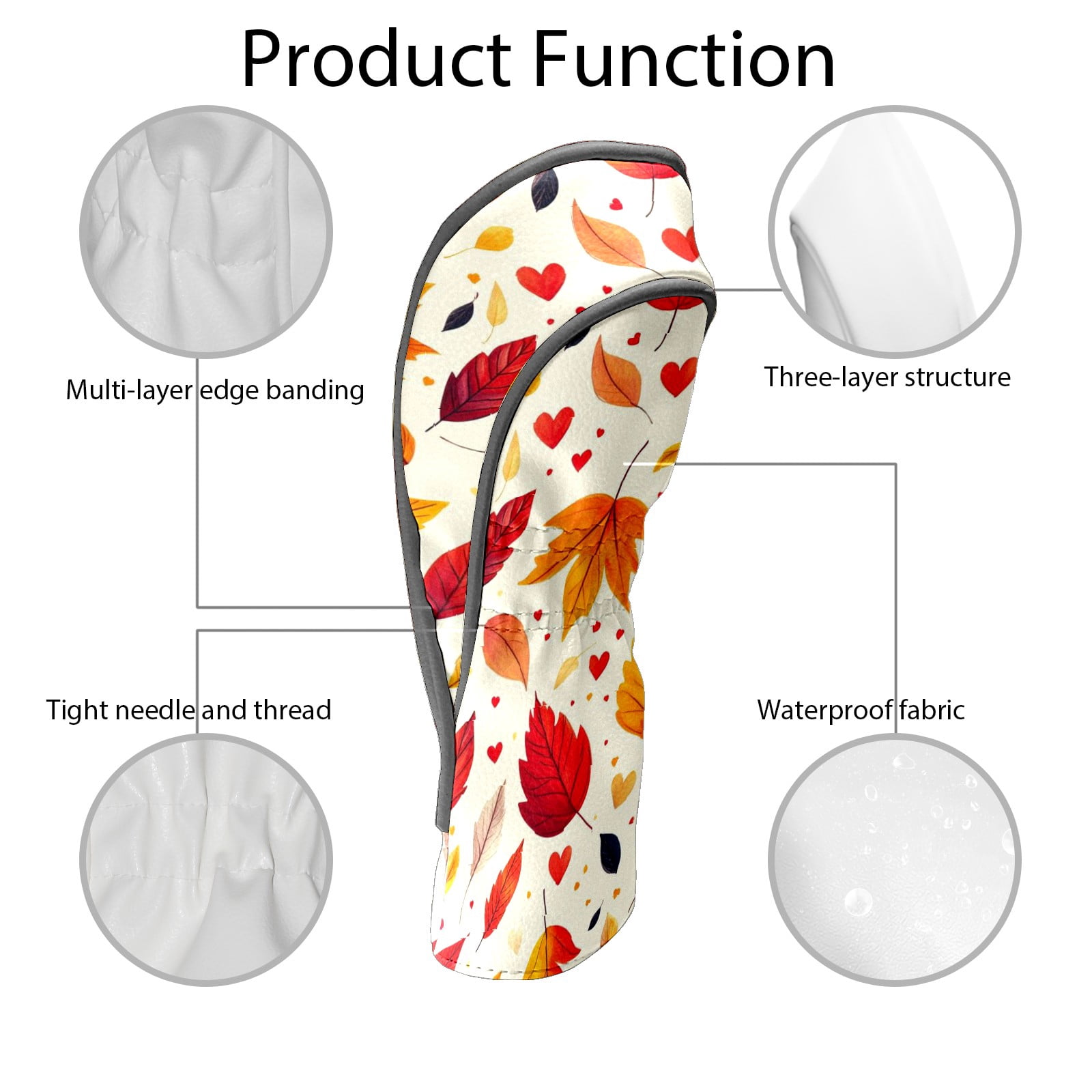 Golf Head Covers Maple Leaf Pattern for Driver, Wood & Hybrid, Premium Waterproof PU Leather with Plush Lining, Autumn Themed Golf Gifts