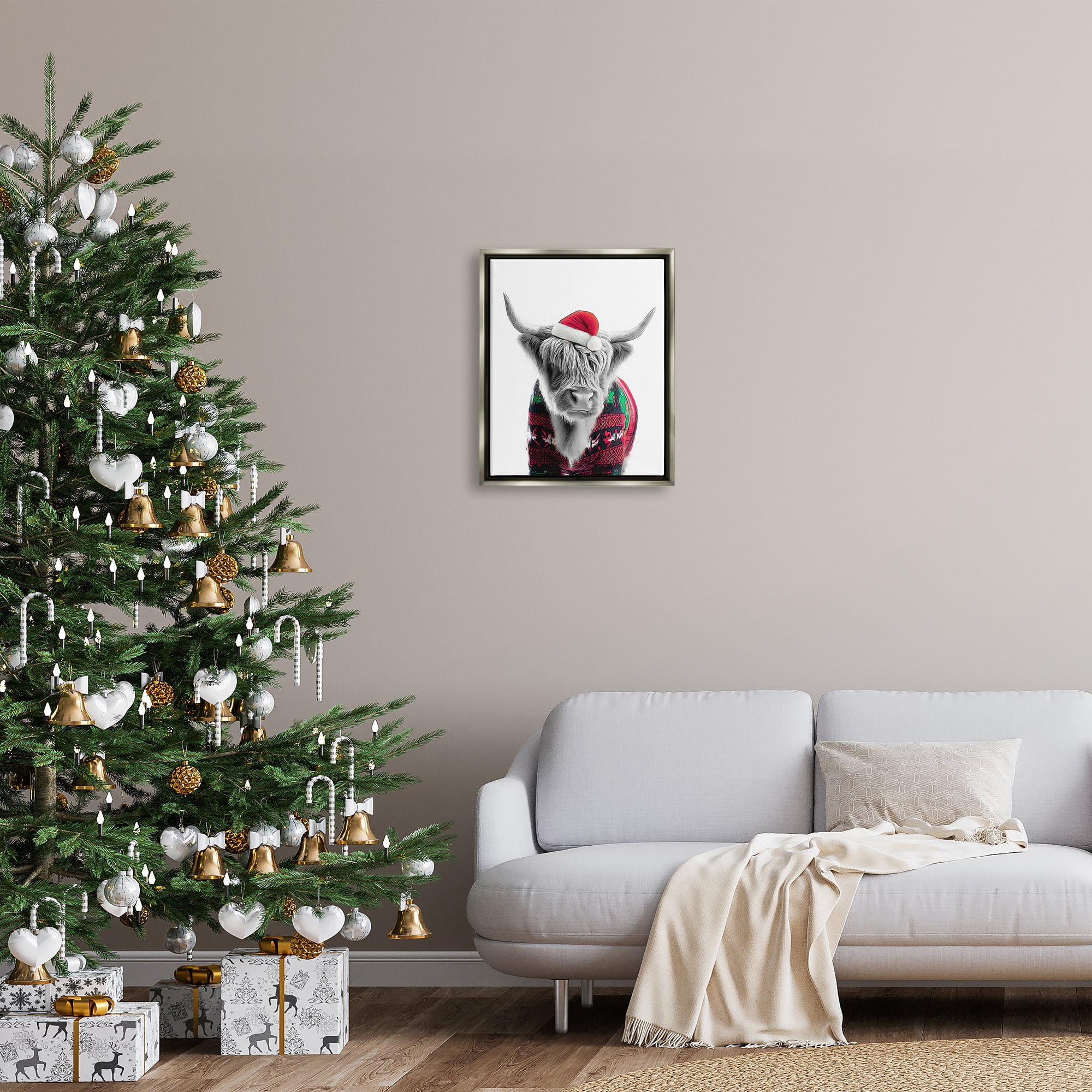 Stupell Industries Cow in Christmas Sweater Holiday Painting Gray Floater Framed Canvas Art Print Wall Art, 17 x 21