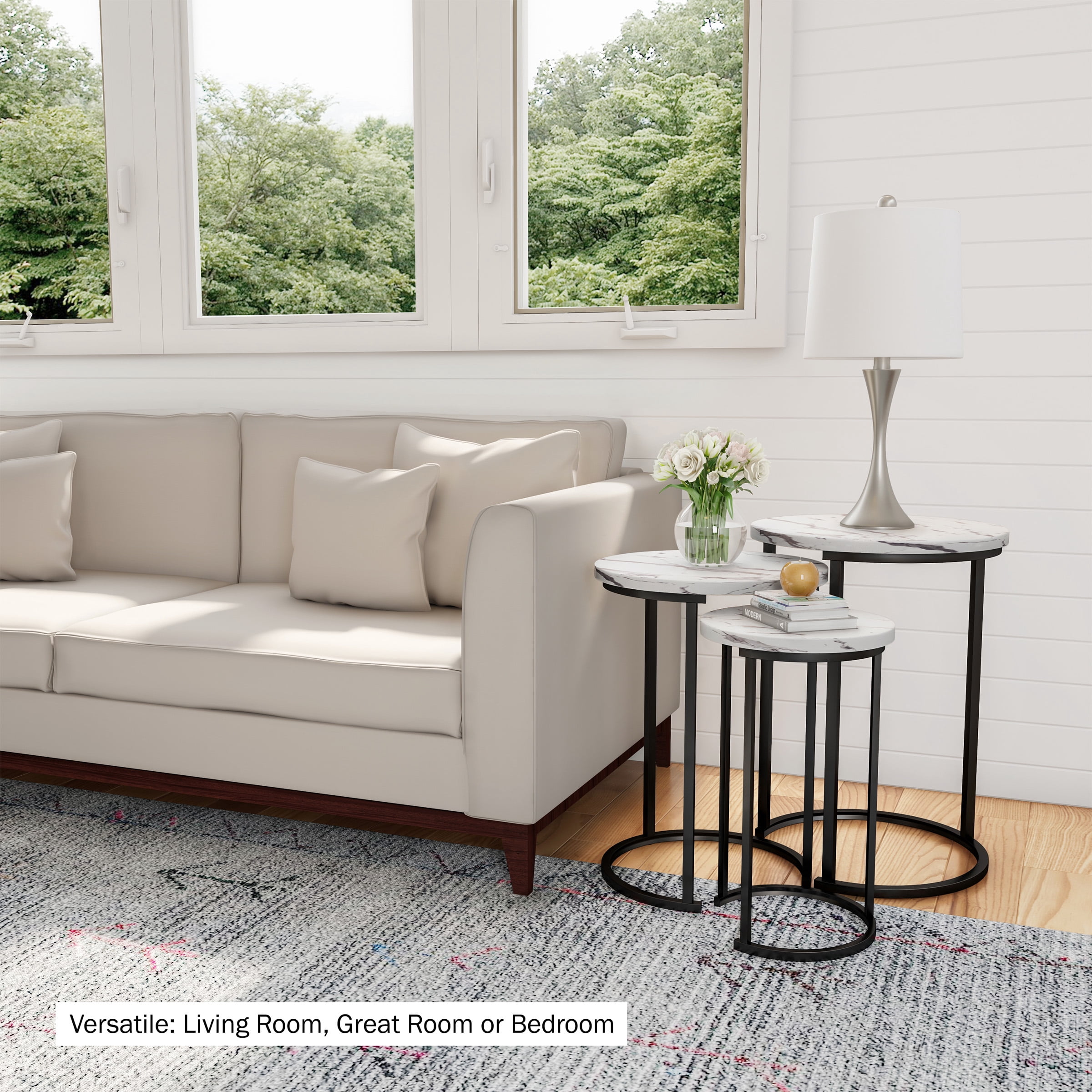Lavish Home Nesting Tables - Set of 3 Round Side Tables for Living Room, Bedroom, or Home Office, Faux Marble End Table Set, Modern Living Room Furniture, White