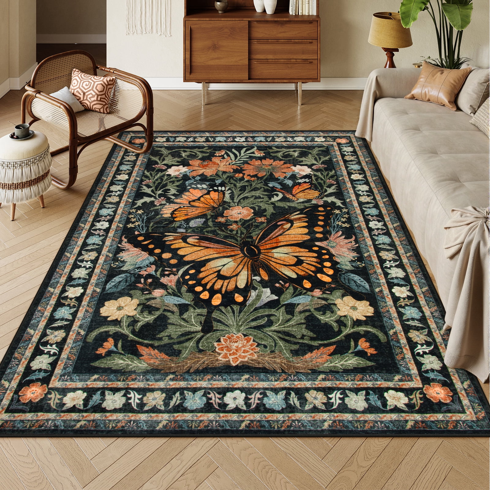 Lahome Decor 5'x7' Butterfly Bedroom Rug,Area Rugs 5x7ft Rugs for Living Room, Non-Slip Washable Rugs Stain Resistant Boho Floral Rug Low-Pile Throw Rug for ‎Dining Room Office,Black
