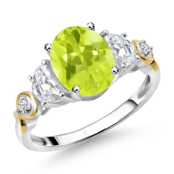 Gem Stone King 925 Silver and 10K Yellow Gold 3-Stone Ring Oval Yellow Lemon Quartz and Moissanite (2.15 Cttw, Size 7)