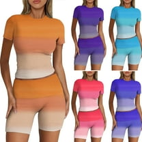 LZHGirlshop 2 Piece Outfits for Women Casual Spring and Summer Gradient Short Sleevele Round-Neck Blouses Tops Shorts Elastic Slim Waist Sets