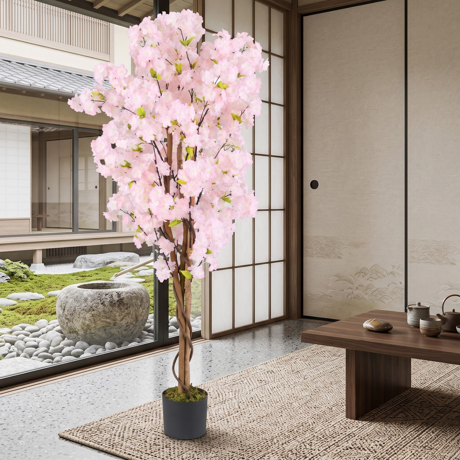 ALPULON 5 FT Artificial Cherry Blossom Tree with Pink Flowers, Faux Silk Blossom Tree with Cement-Filled Pot and Adjustable Branches for Home Office Wedding, Pink