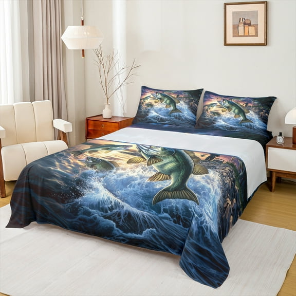 Manfei Fishing And Hunting Twin Sheet Sets,Lake Fish Twin Fitted Sheet,Ocean Fish Flat Sheet For Teens Boys,Breathable Home Decor,3-Piece
