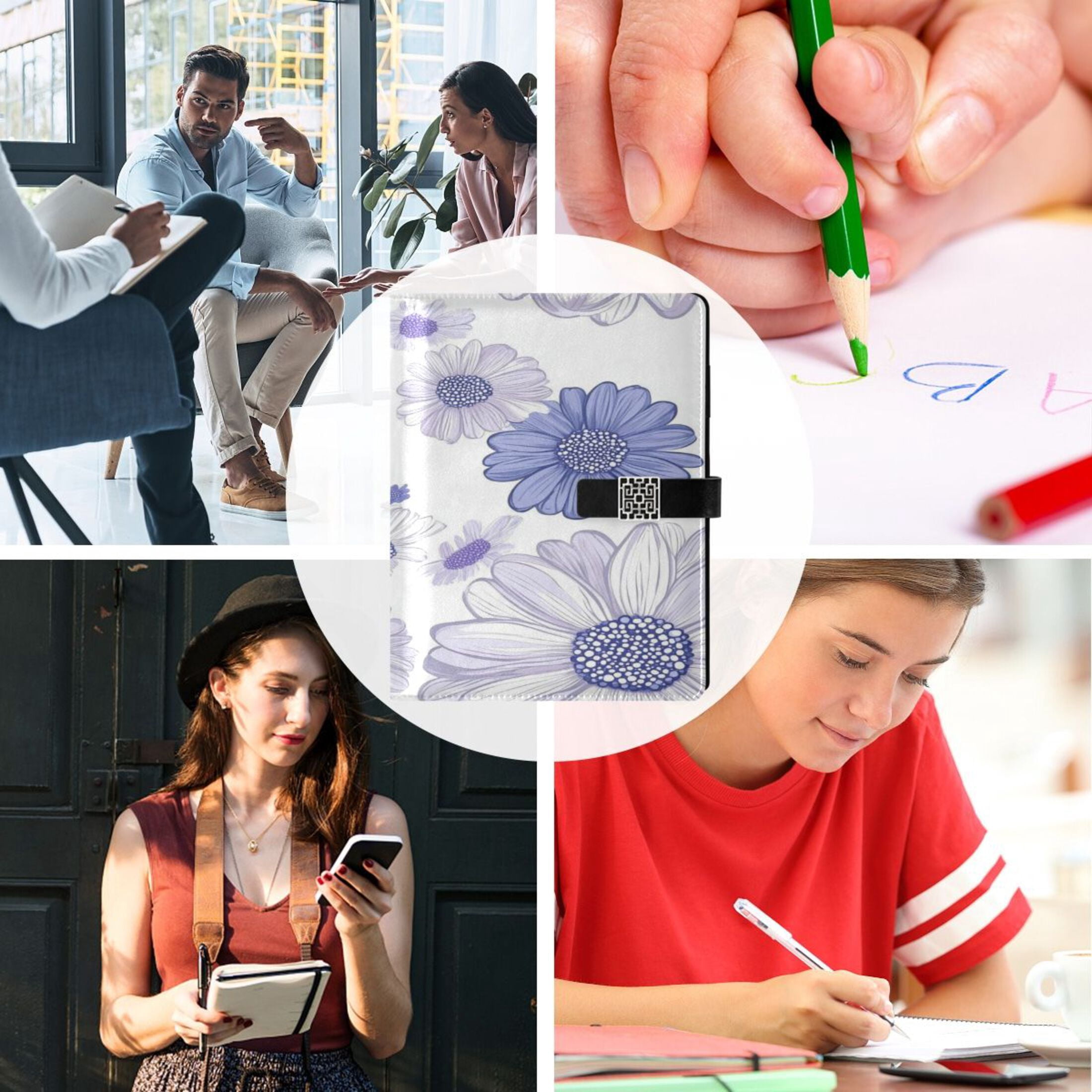 9.2x6.7 inch Leather Notebook 100 Sheets, Multi-Pocket Design & Pen Loop Large Daisy Flowers Refillable Journal Organizer