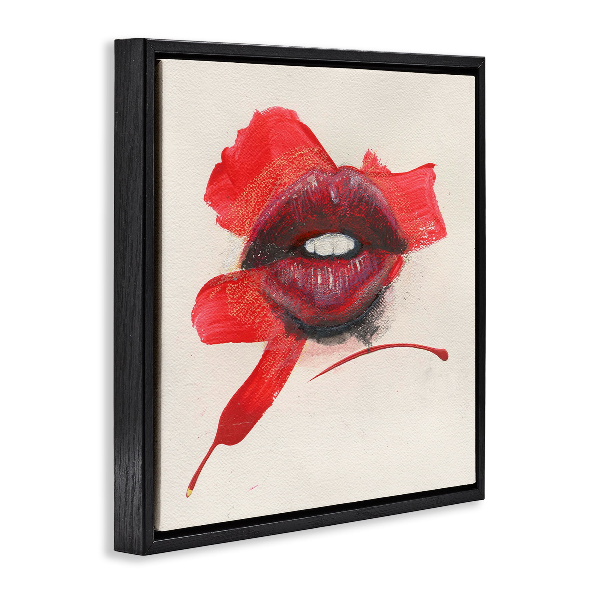 Stupell Industries Red Lips Paint Streak People Painting Black Floater Framed Canvas Art Print Wall Art, 25 x 25