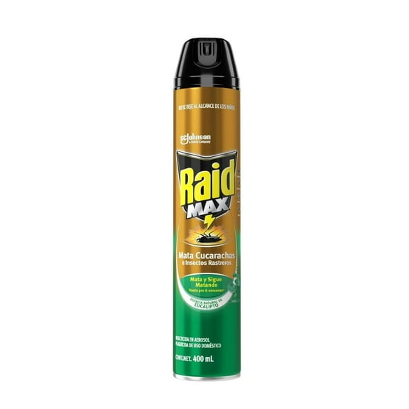 Insecticida en Aerosol Raid Max Mata Cucarachas e Insectos Rastreros Esencia Eucalipto 400 mL