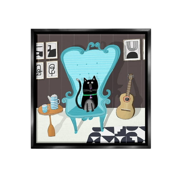 Stupell Industries Cat in Modern Room Animals & Insects Painting Black Floater Framed Canvas Art Print Wall Art, 18 x 18