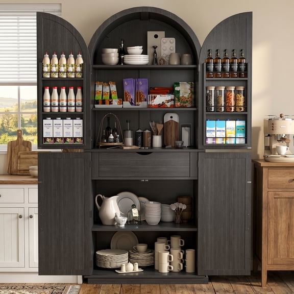 Virans 71" Arched Pantry Cabinet,6-Tier Large Storage Cabinet with 2 Doors,Adjustable Shelves & Drawer for Living Room,Dining Room,Kitchen,Black