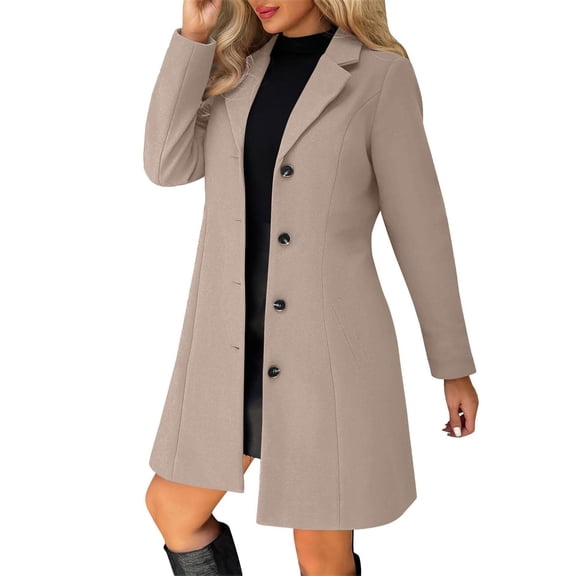 Hueook Pea Coats for Women Solid Casual Thicken Wool Stand Collar Inner Lining Pocket Breasted Pea Mao Coat Khaki L