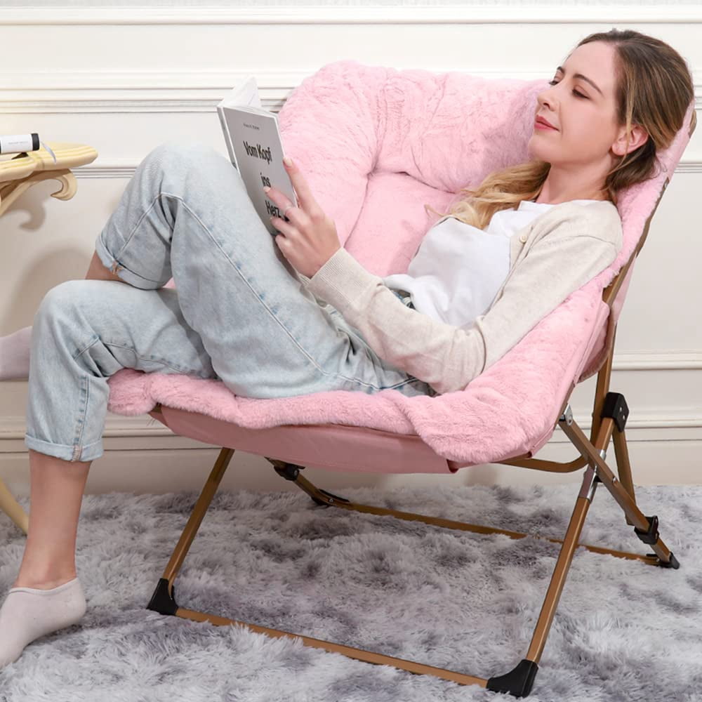 OAKHAM Comfy Saucer Chair, Folding Faux Fur Lounge Chair for Bedroom and Living Room, Flexible Seating for Adults, X-Large, Pink