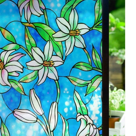 Rabbitgoo Window Film Decorative Privacy Film Stained Glass Window Film Anti UV Window Frosting Film No Glue Static Cling Glass Tint for for Home Kitchen Bathroom Lily Pattern 35.4 x 78.7 (Best Way To Remove Window Tint Glue)