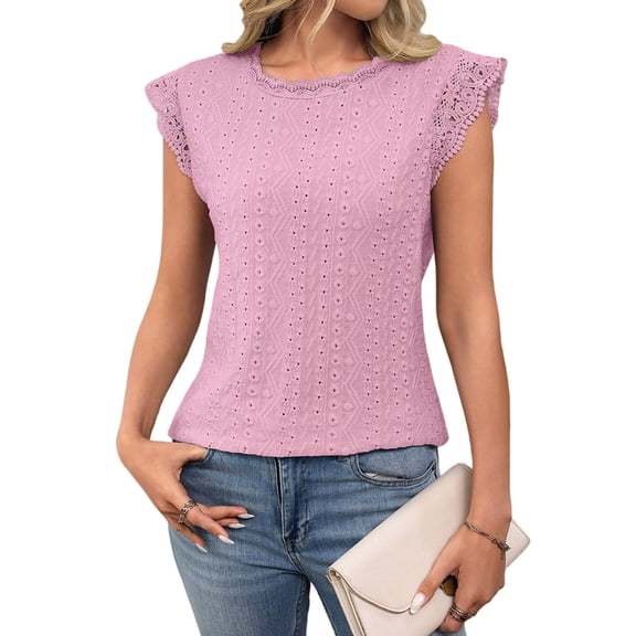 Women'S Tops Casual Crewneck Cap Sleeve Shirts Crochet Knit Texture Tank Top Blouses Pink M