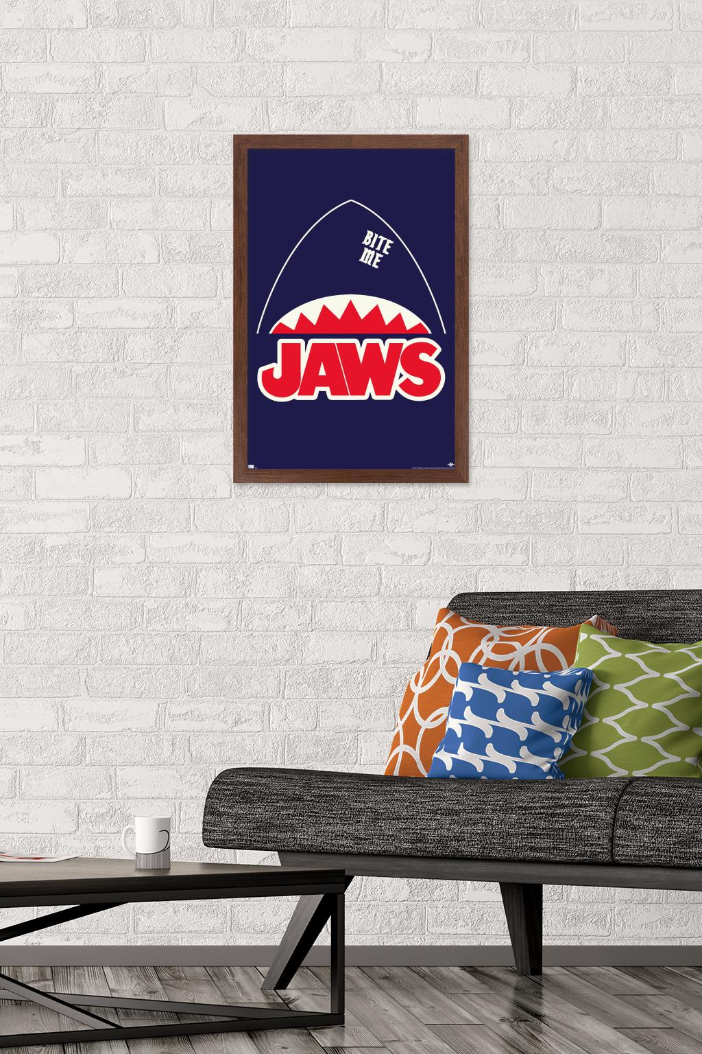 Jaws - Minimalist Logo Wall Poster, 14.725" x 22.375", Framed