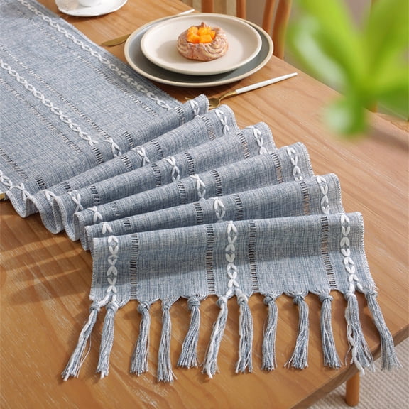 Rkxzt Tablecloth Hemstitched Linen Table Runner Embroidered Striped Boho Home Decor with Tassels 33x160cm Home Textiles|Cloth,Gray