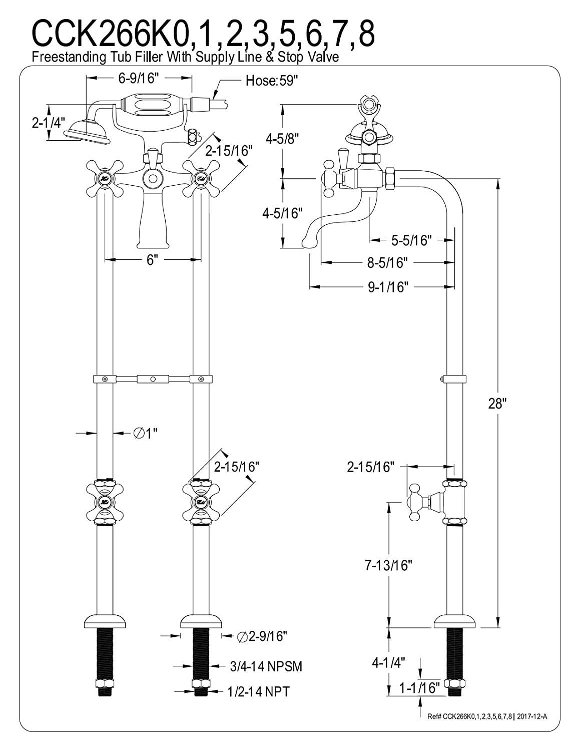 Kingston Brass CCK266K0 Freestanding Tub Faucet,w/Su CCK266K0