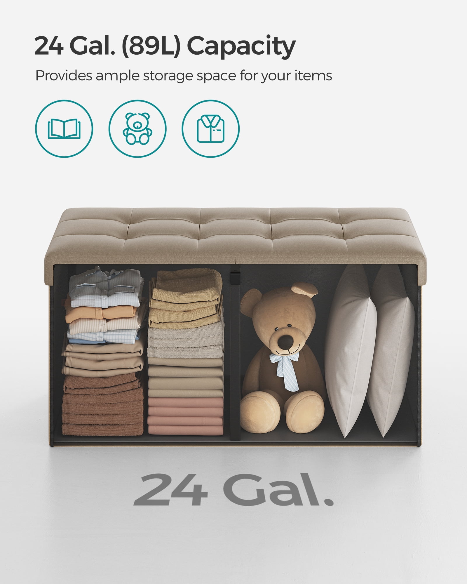 SONGMICS 30" Storage Ottoman Bench Folding Leather Ottoman Storage Footrest Hold up to 660lb Light Taupe