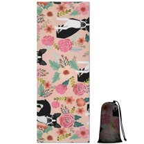 Pink Boston Terrier and Flower Hot Yoga Mat Towel Non Slip for Hot Yoga - Quick-Drying Yoga Mat Cover with 4 Corner Pockets with Travel Bag - Hot Yoga Towel Non Slip 70"x26"