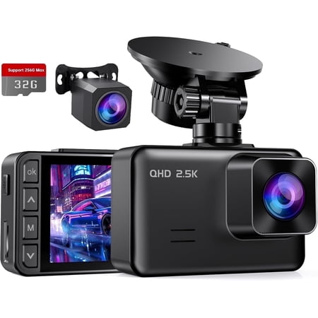 Dash Cam Front and Rear, 2.5K+1080P Dual Dash Camera for Cars, 2’’ Display Mini Car Camera, G-Sensor Dashcam, Night Vision, 24H Parking Mode, Loop Recording, 170°Wide Angle,