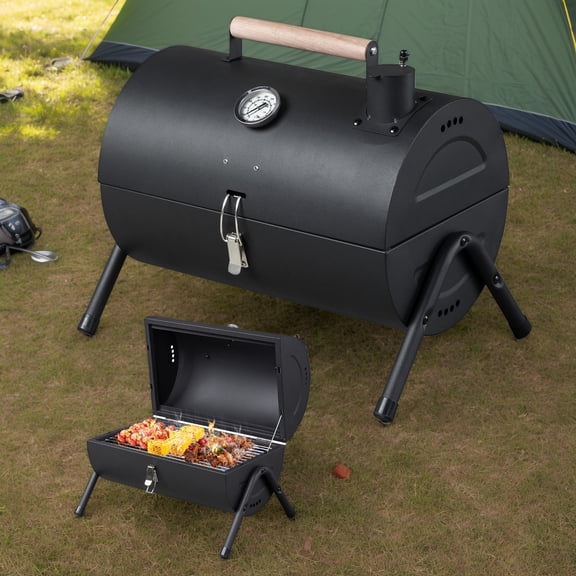 Compact Tabletop Charcoal Grill with Thermometer & Wooden Handle, Portable BBQ Grill for Camping & Backyard Party