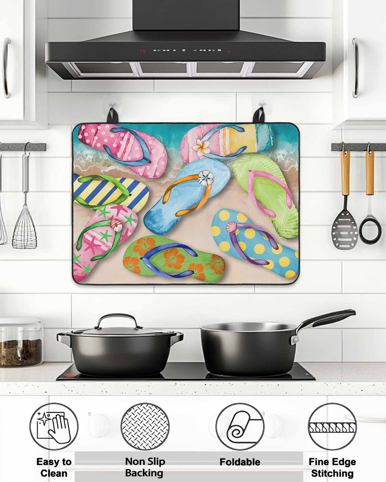 Stove Top Covers for Electric Stove, Colorful Flip Flops Glass Stovetop Cover Protector, Summer Blue Beach Ocean Induction Cooktop Protector Oven Mat for Kitchen Countertop 28.5"x20.5"