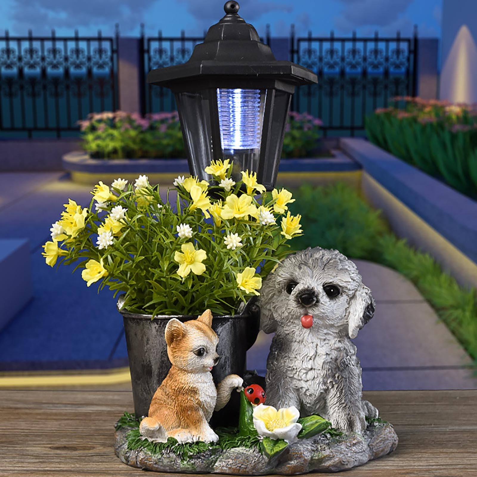 Darzheoy Outdoor Dogs Statues Solar Sculptures with Solar Lights and Flowerpot Funny Garden Decor Animal Figurines Resin Outdoor Statues for Patio Yard Lawn Balcony Gifts