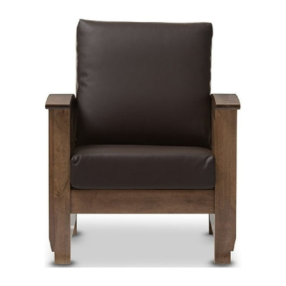 Baxton Studio Charlotte Modern Classic Mission Style Walnut Brown Wood and Dark Brown Faux Leather 1-Seater Lounge Chair