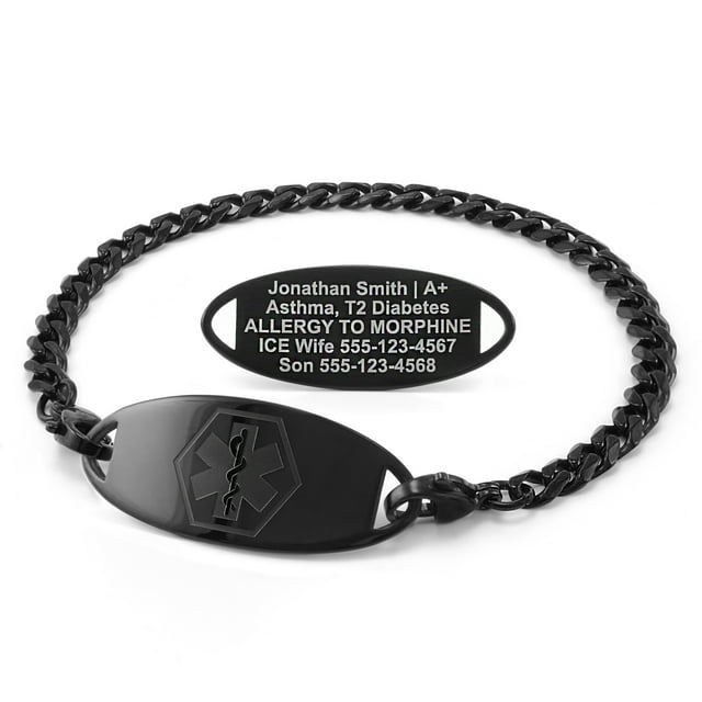 MedicEngraved Black Stainless Steel Custom Medical Alert Bracelet - 5mm Curb Link