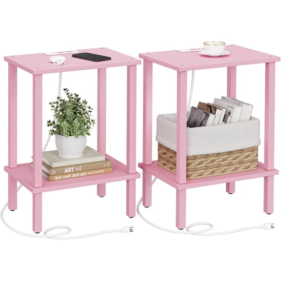 Set of 2 Pink End Tables with Charging Station & Outlets, 2-Tier Storage Shelf Small Nightstand for Small Spaces, Living Room, Bedroom