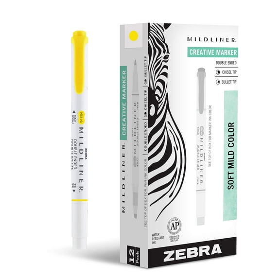 Zebra Pen Mildliner, Double Ended Highlighter, Broad and Fine Tips, Lemon Yellow, 12-Count