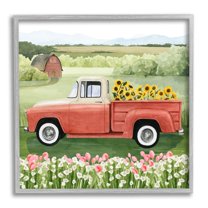 Stupell Industries Country Farm Truck Sunflower Bunches Blooming Meadow Painting Gray Framed Art Print Wall Art, Design by Grace Popp