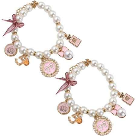 Ljia 2Pcs Pink Medium Dog Pearl Collars Pet Pearl Dog Princess Bow Necklace Cute Collar Puppy Accessories Cat Jewelry Pearl Neck Strap for Dog Cat Same-Day Pet Gifts Pet Supplies A416