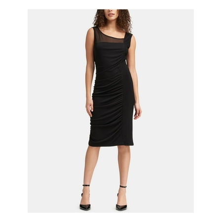 DKNY Womens Black Draped Mesh Inset Sleeveless Scoop Neck Knee Length Sheath Cocktail Dress Size: L