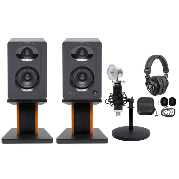 SAMSON Studio Monitors+Wood Stands+Recording Mic+Headphones 4 Podcast Podcasting