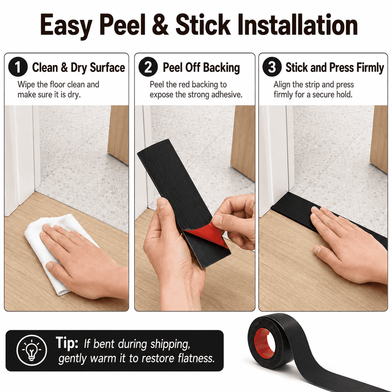 Yeslife 1 pc Self Adhesive Floor Transition Strip, 10 ft x 1.57 in, Black Vinyl, Flexible Waterproof Gap Cover for Laminate, Tile and Carpet Flooring