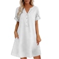 thumbnail image 5 of Summer Womens Plus Size Dress Cotton Linen V-Neck Pockets Solid Puff Sleeve Knee-Length Dress, 5 of 7
