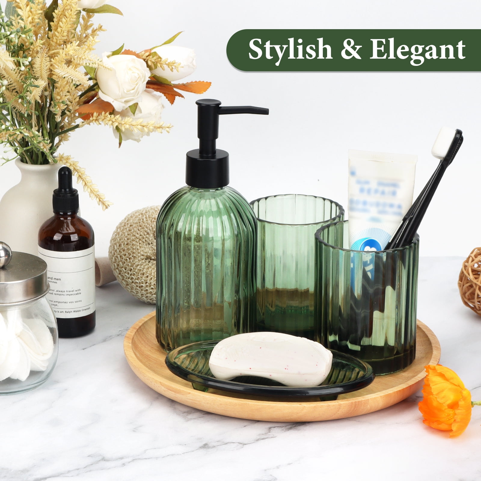 Bathroom Accessories Set, 4Pcs Bathroom Glass Soap Dispenser Set ,with Soap Dispenser , Soap Dish, Tumbler,Green
