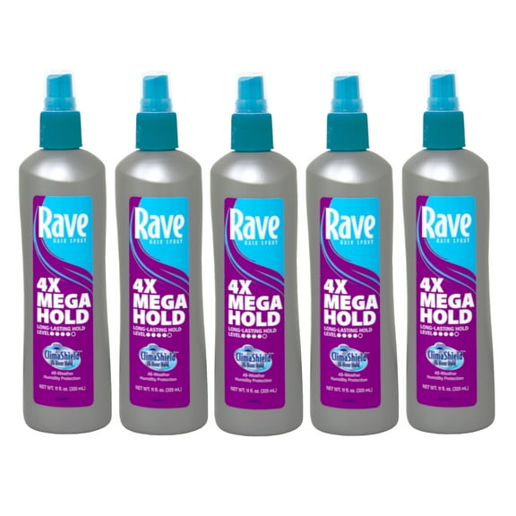 5 Pack Rave 4X Mega Hairspray with Clima Shield Unscented 11oz Each
