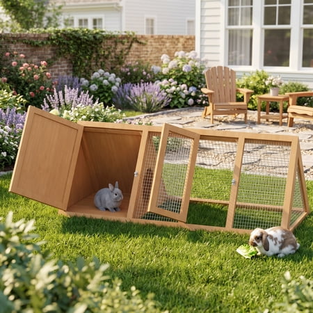 Outdoor Rabbit Hutch with Wooden Shelter, Wire Mesh Small Animal Coop, Portable Pet Cage for Rabbits, Quails, Chicks and Guinea Pigs