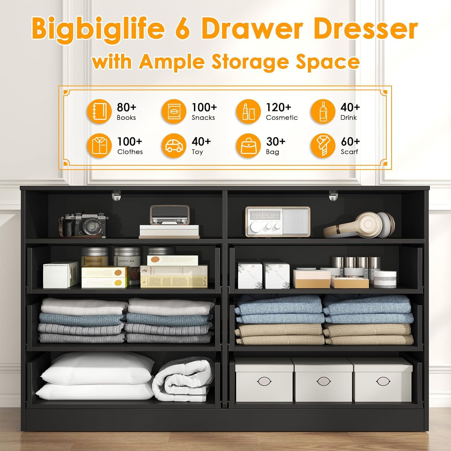 Frmobepts Wood Dresser for Bedroom, 6 Drawer Dresser with Open Storage Cubby,Black