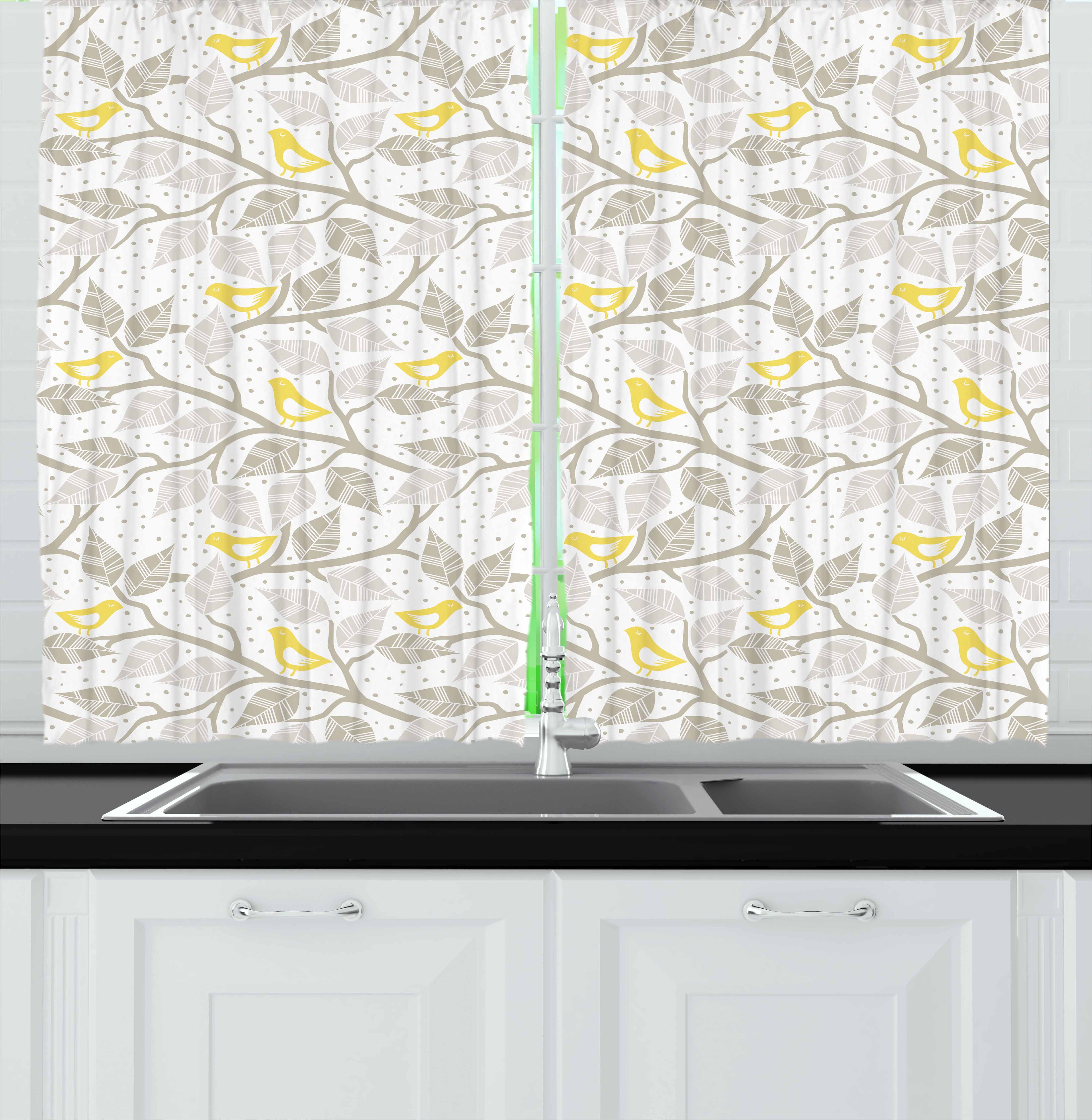 Grey And Yellow Curtains 2 Panels Set Abstract Tree Branches With
