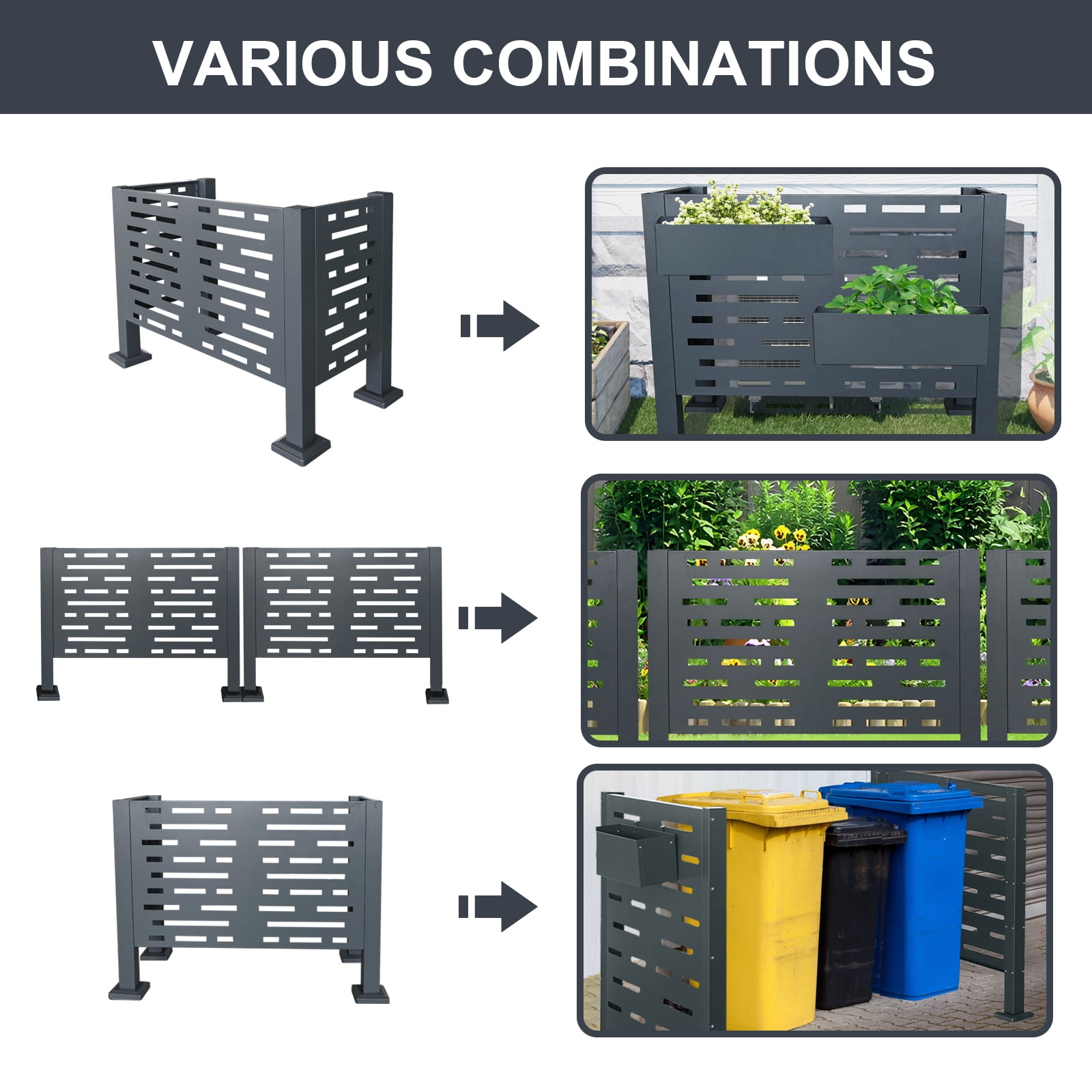 AC Unit Cover, 3FTx2FT Metal Privacy Fence Screen 3 Panel Outdoor Air Conditioner Concealment Shield, Charcoal