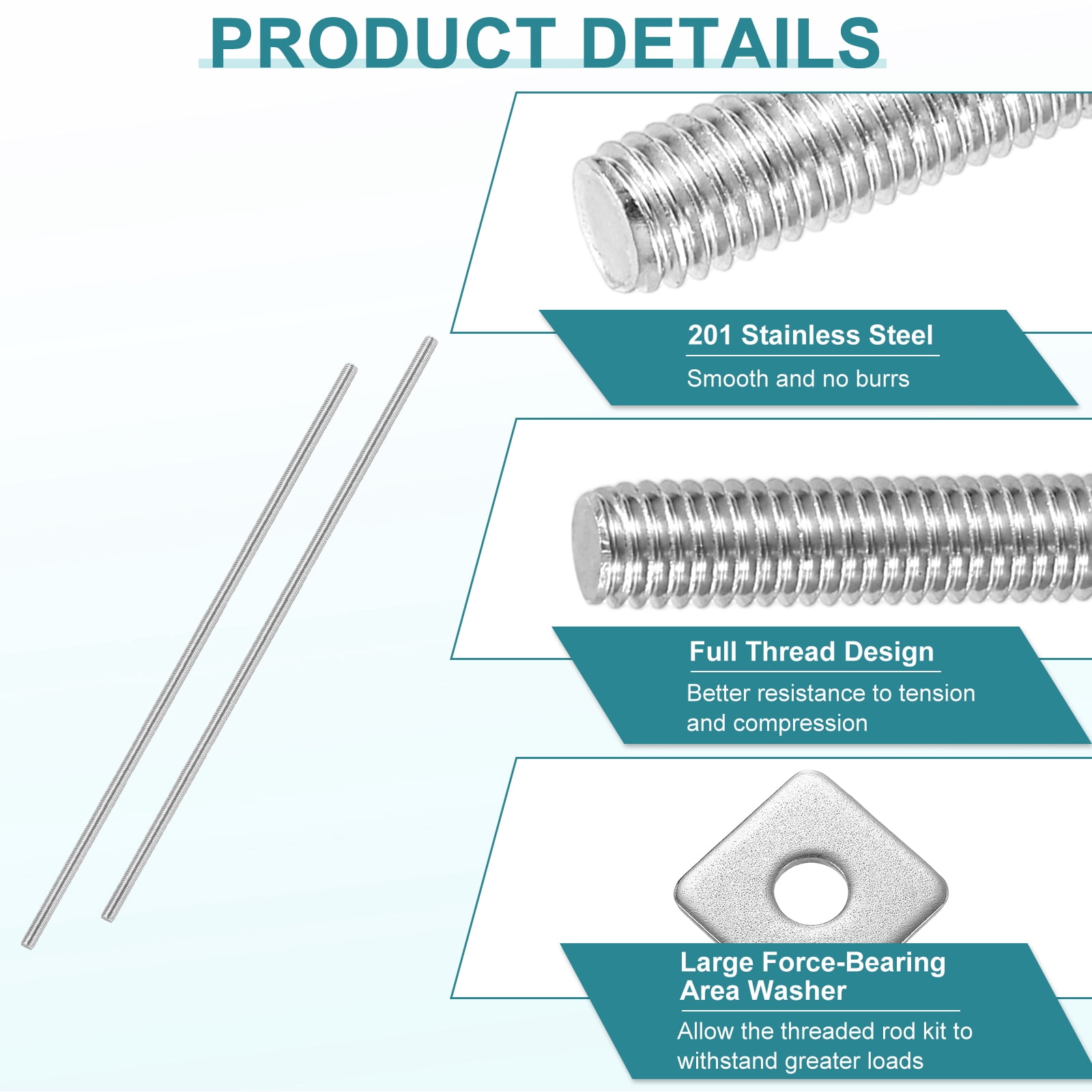2Pcs Fully Threaded Rod, M10 x 400mm 201 Stainless Steel with Nuts Washers