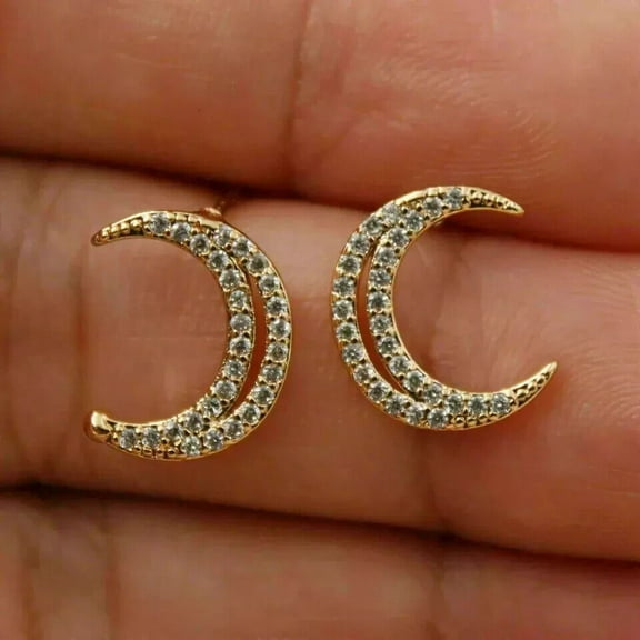 Sparkle Jewels Round Cut White Diamond 14K Yellow Gold Plated Moon Stud Earring