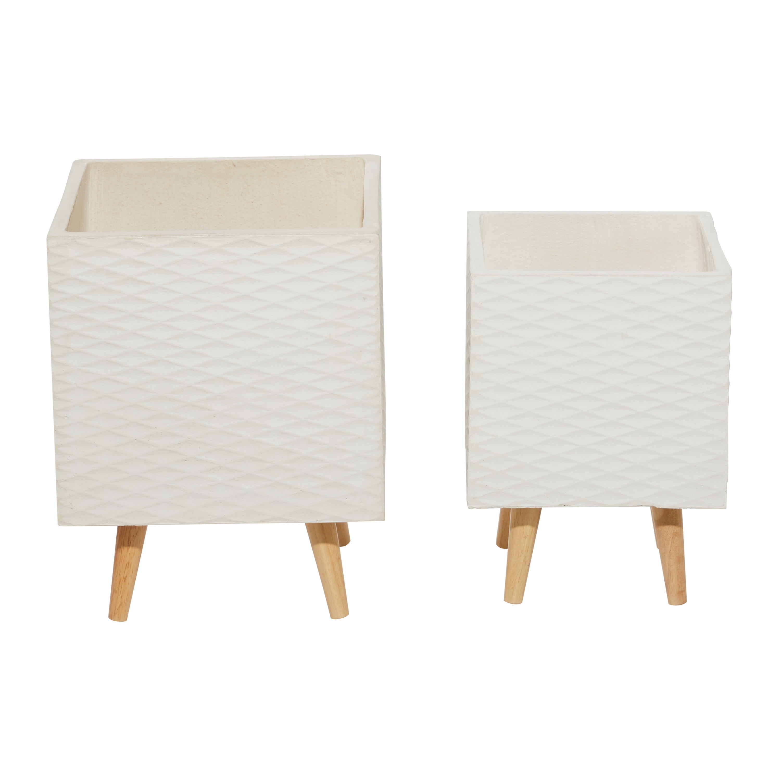 DecMode 16", 18"H Indoor Outdoor White Ceramic Planter with Wood Legs (2 Count)