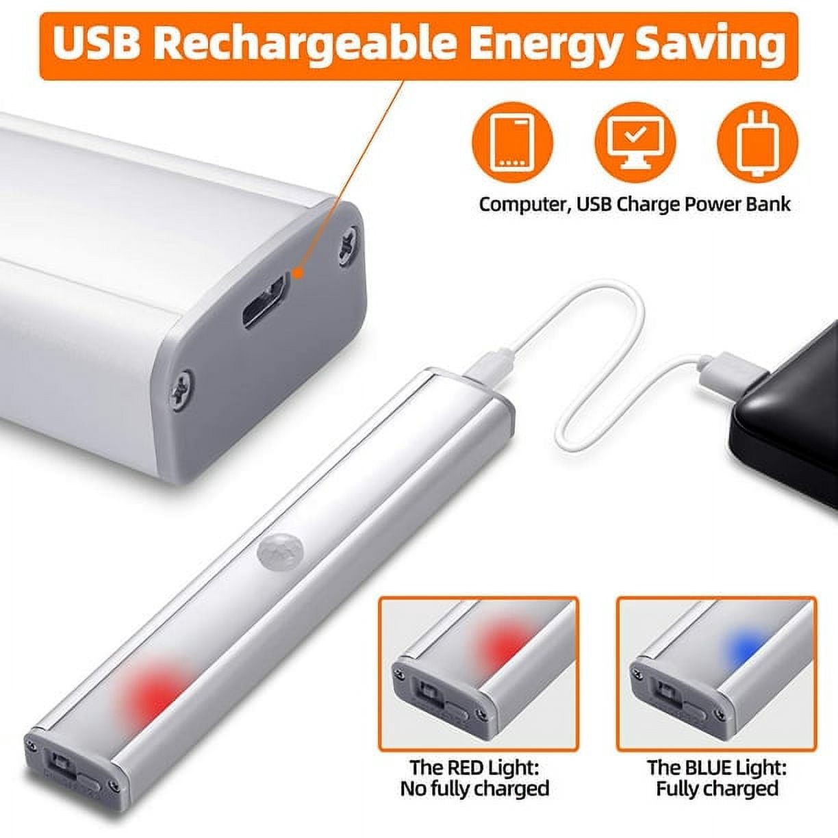 30 LED Under Cabinet Lights, USB Rechargeable Closet Lighting kit with Motion Sensor and Magnetic Strip for Wardrobe, Kitchen Wireless Lighting, 3 Pack